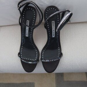 Manolo Blahnik Black Satin Crystal Embellished Ankle-Strap Sandals
